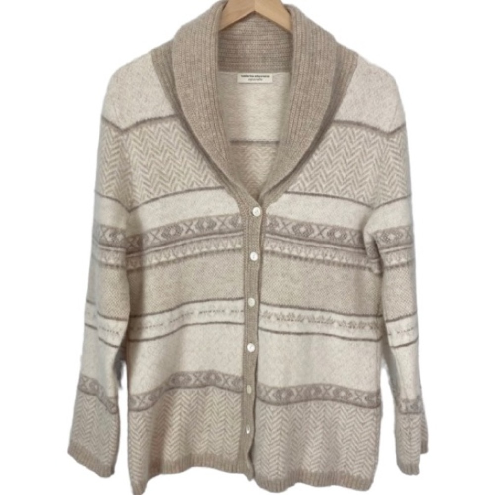 VALERIE STEVENS Angora Rabbit Hair Wool Blend Cowl Neck Stripe Cardigan Neutrals